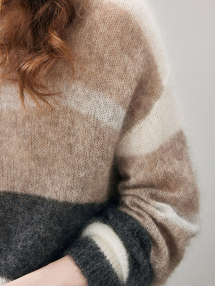 COMOBOCA Women's Mohair Striped Round Neck Sweater