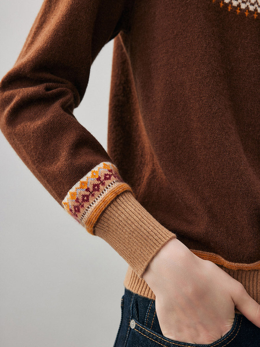COMOBOCA 100% Cashmere Women's Fair Isle Round Neck Sweater