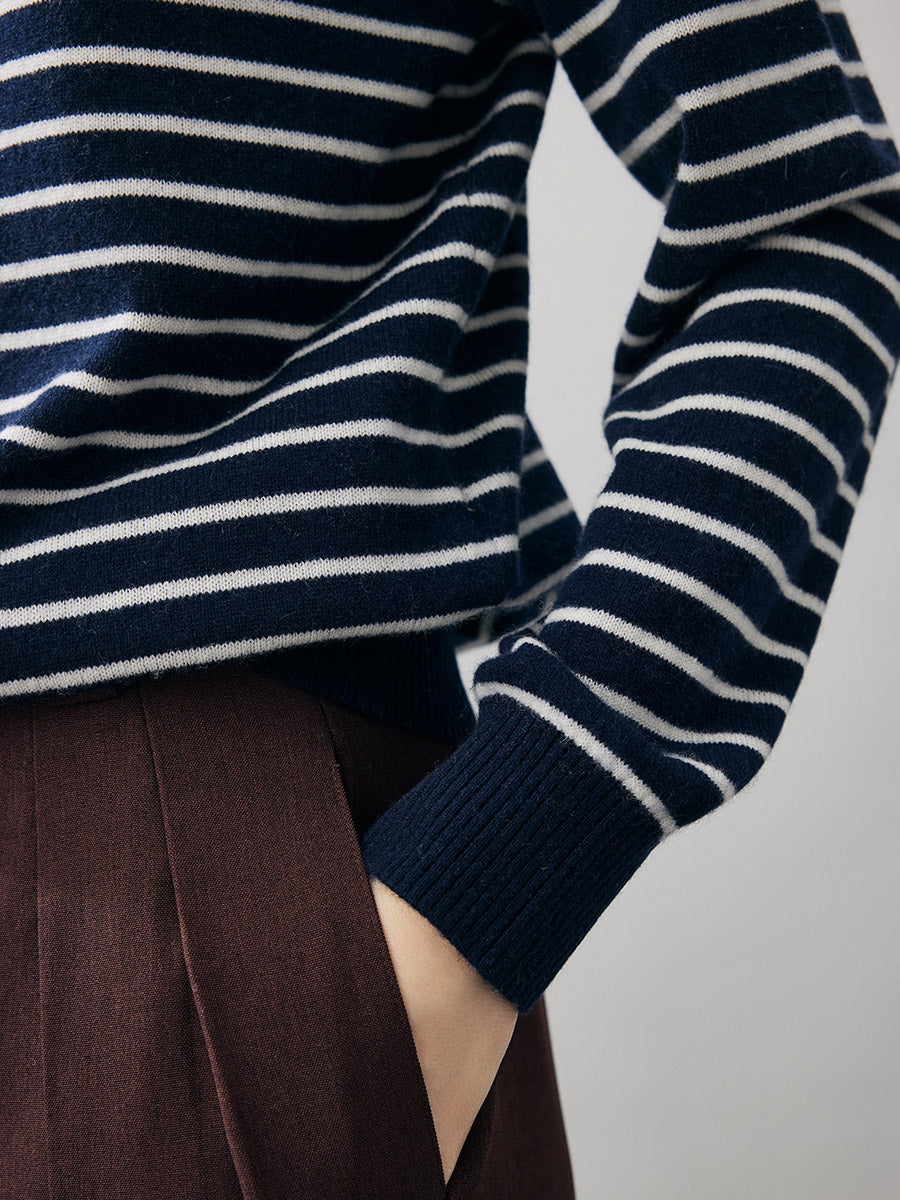 COMOBOCA 100% Cashmere Women's Striped Round Neck Sweater