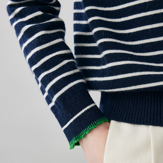 COMOBOCA 100% Cashmere Women's Striped Round Neck Sweater