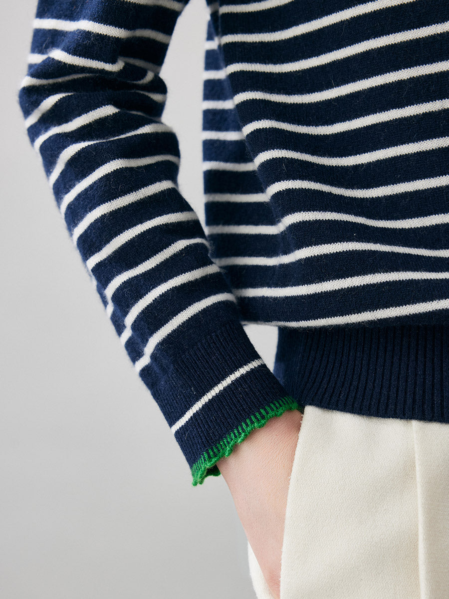 COMOBOCA 100% Cashmere Women's Striped Round Neck Sweater