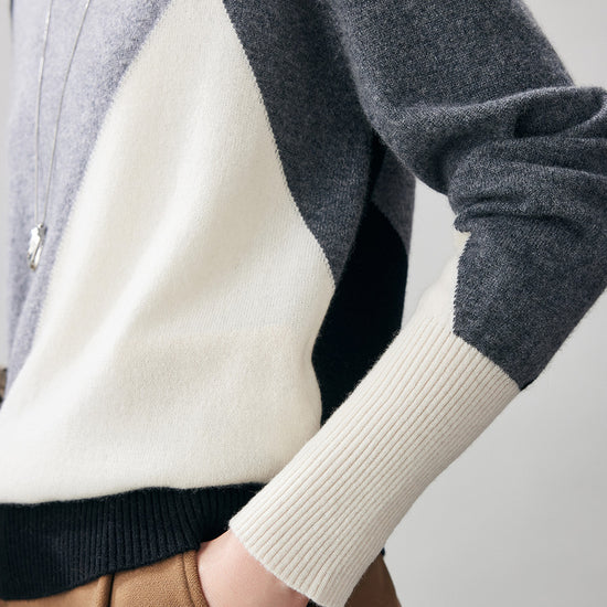 COMOBOCA 100% Cashmere Women's Color Block Turtleneck Sweater