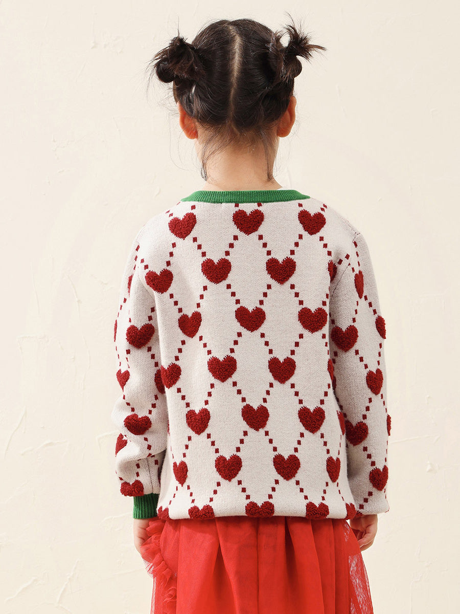 COMOBOCA 100% Wool Kids' Heart Pattern Knit Cardigan