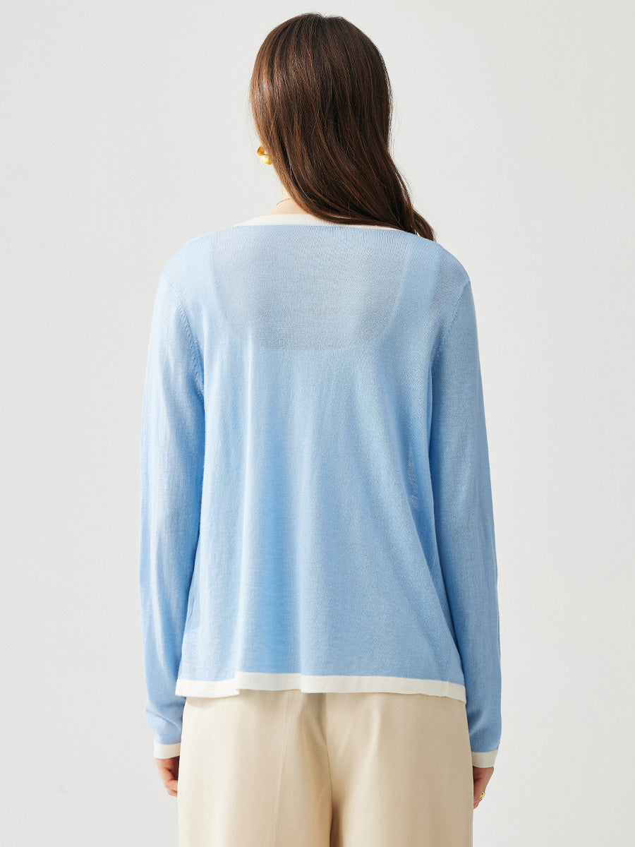 COMOBOCA Women's Ribbed V-neck Cardigan with White Trim