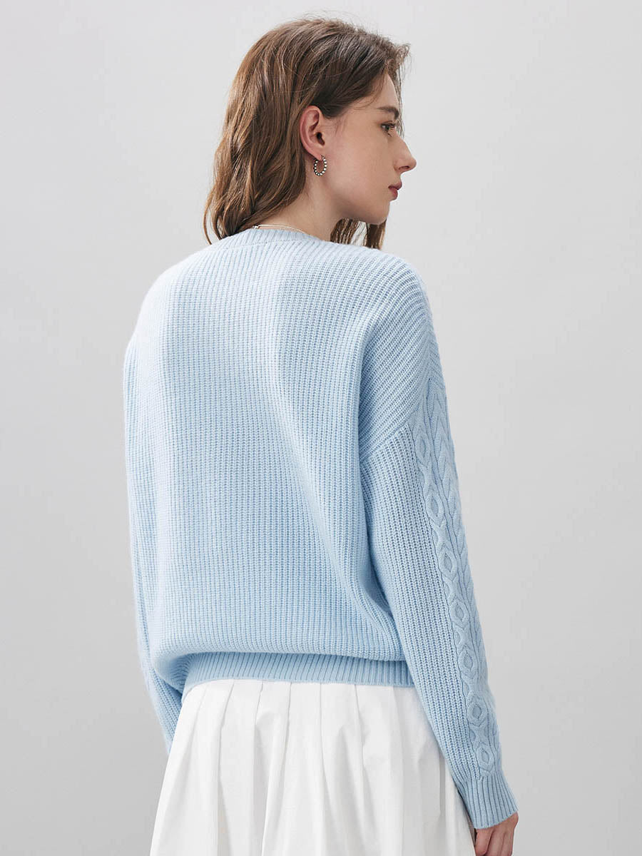 COMOBOCA 100% Wool Women's Cable Round Neck Knit Sweater