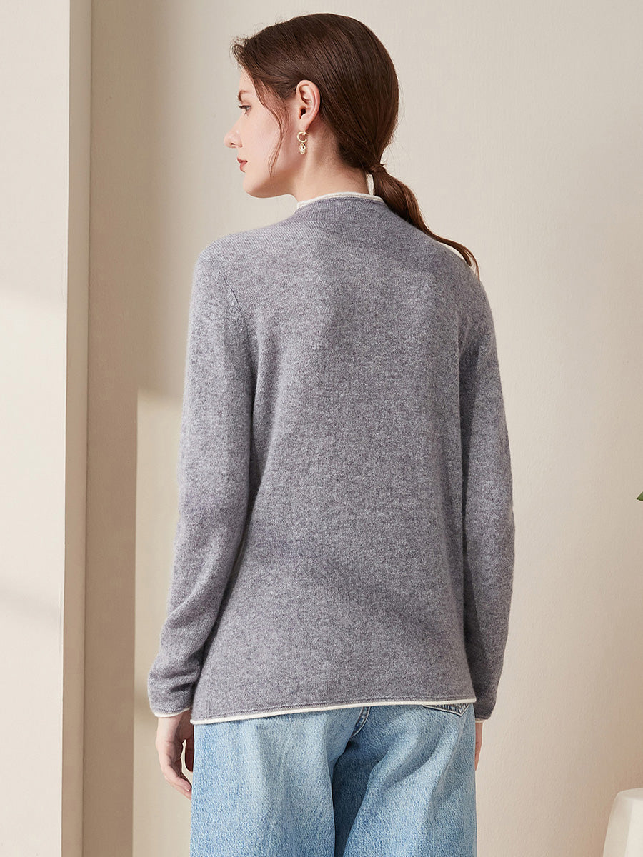 COMOBOCA 100% Cashmere Women's Ribbed Contrast Trim Sweater