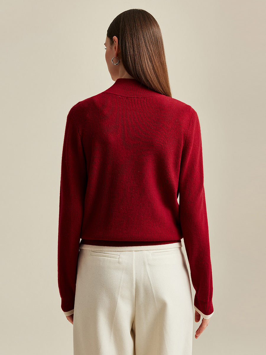 COMOBOCA 100% Cashmere Women's Contrast Trim Dual Zip Pocket Cardigan