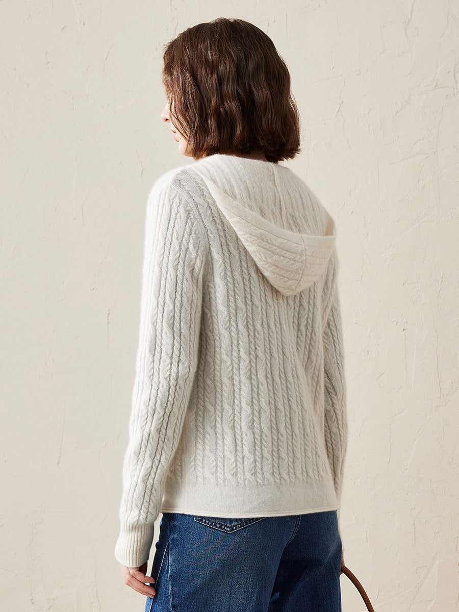 COMOBOCA 100% Cashmere Women's Cardigan Cable Knit Hoodie