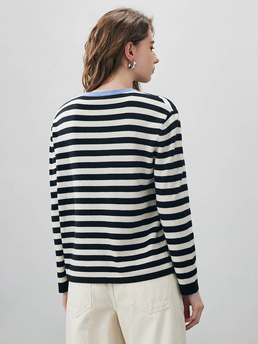 COMOBOCA 100% Wool Women's Striped Embroidered Sweater