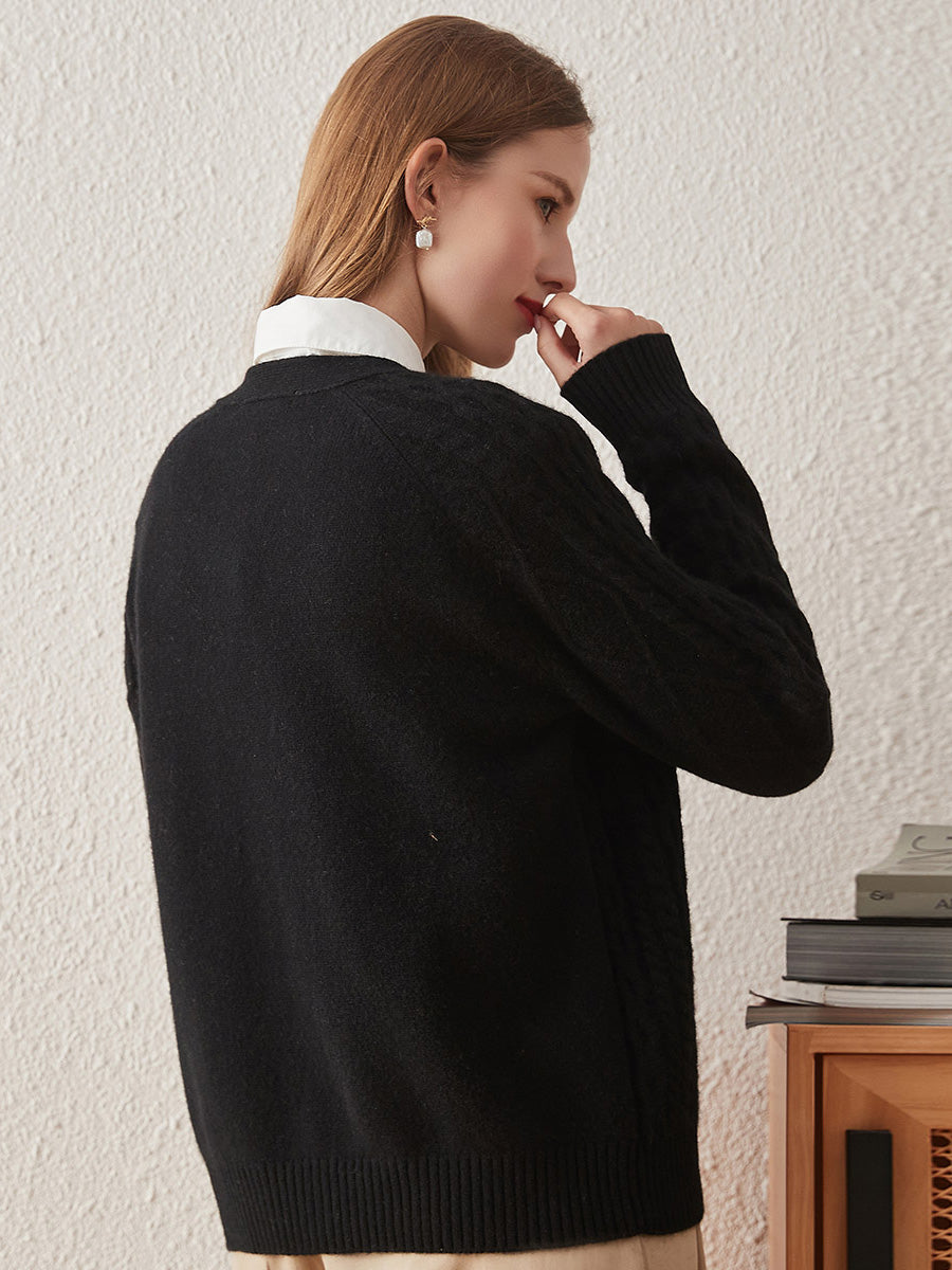 COMOBOCA 100% Cashmere Women's V-Neck Cable Knit Cardigan