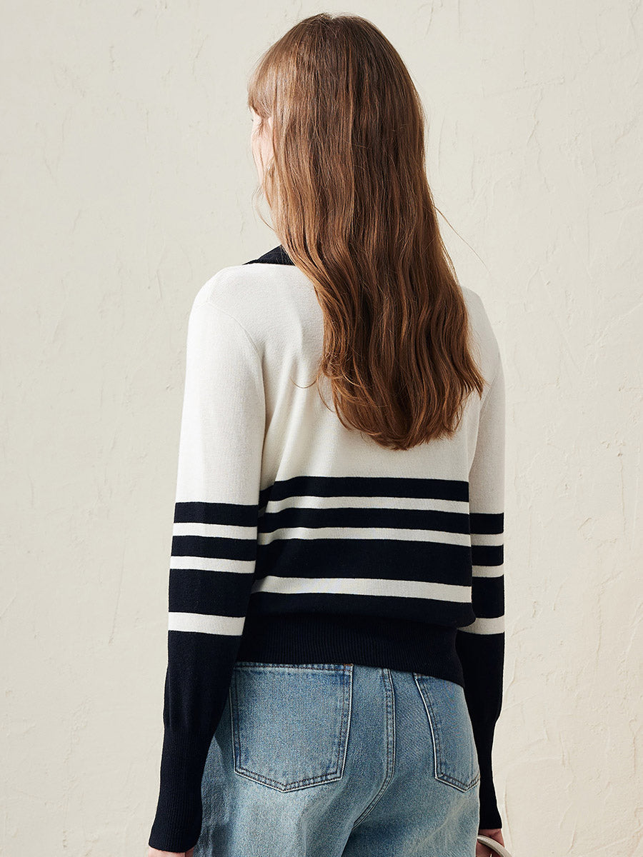 COMOBOCA 100% Wool Women's Striped Zip-Up Cardigan