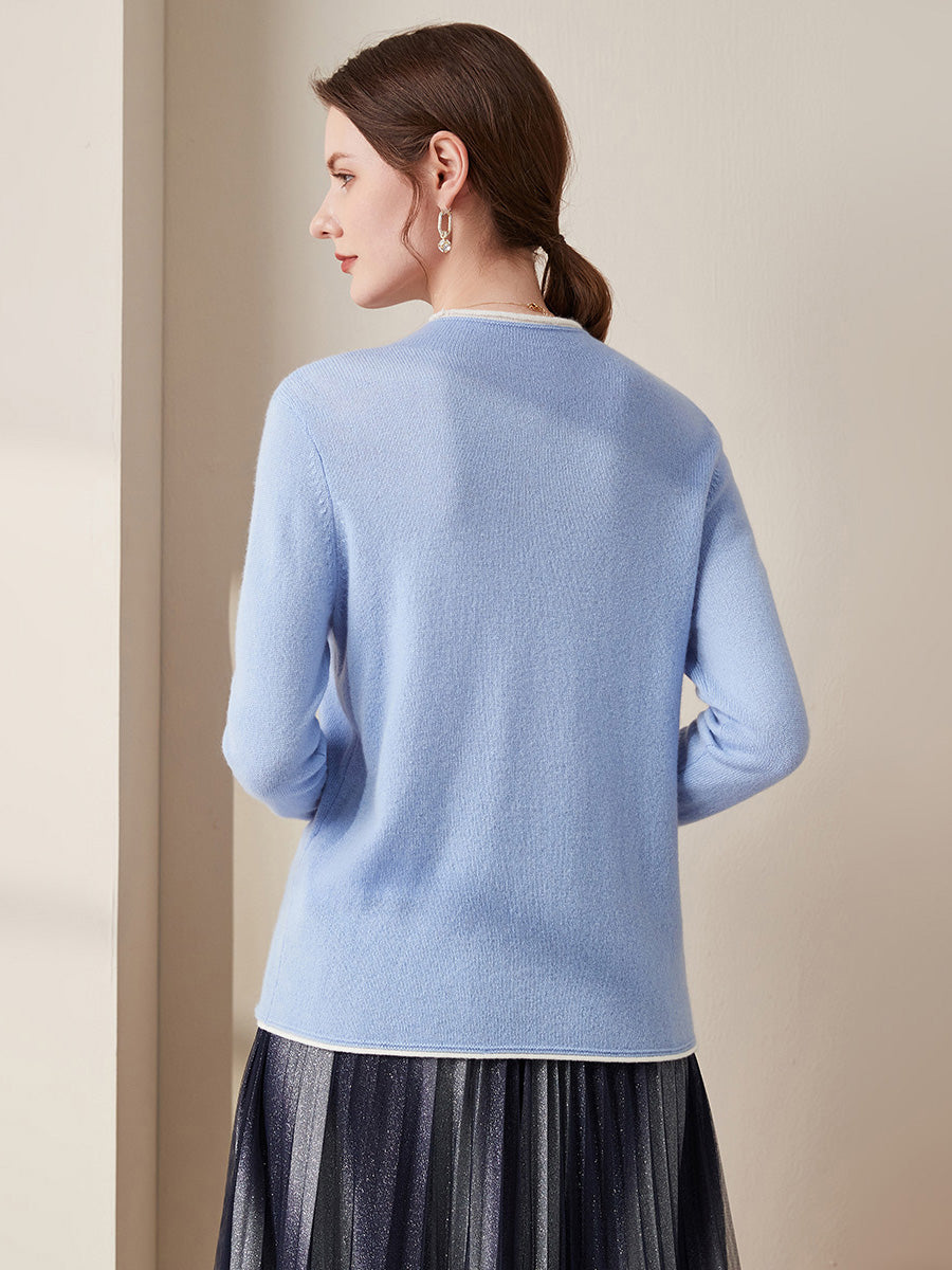 COMOBOCA 100% Cashmere Women's Ribbed Contrast Trim Sweater