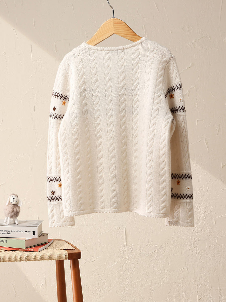 COMOBOCA 100% Wool Kid's Floral Embroidered Cable Knit Cardigan