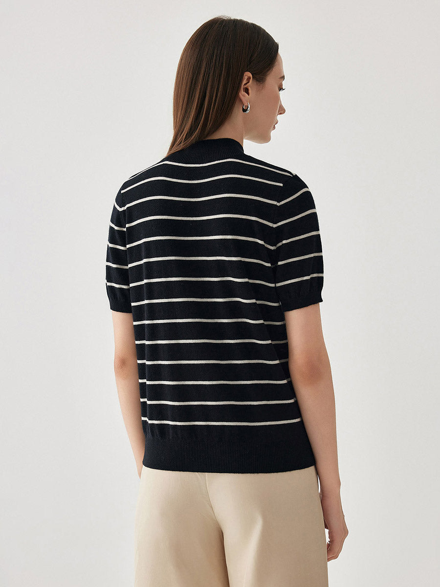 COMOBOCA 100% Wool Women's Mock Neck Striped Ribbed T-Shirt