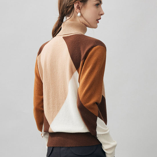 COMOBOCA 100% Cashmere Women's Color Block Turtleneck Sweater