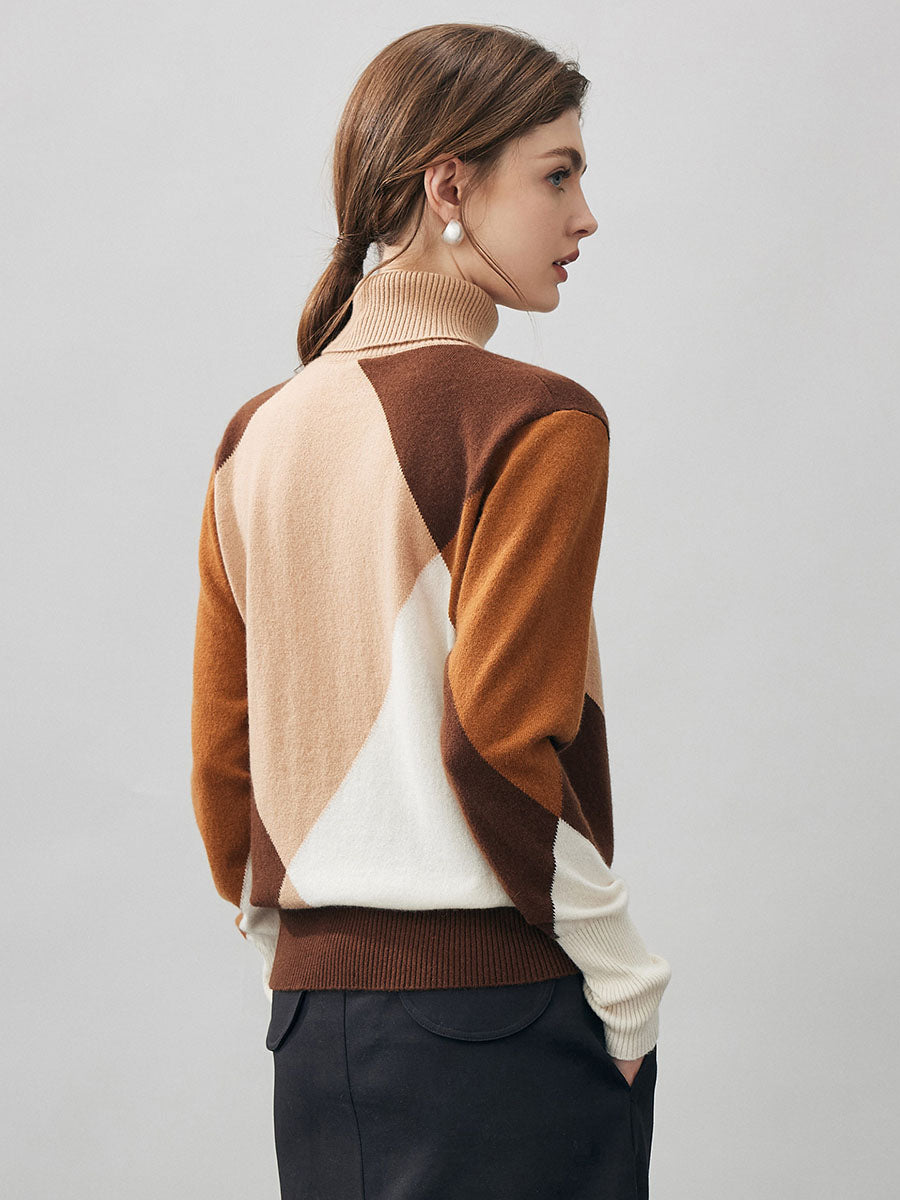 COMOBOCA 100% Cashmere Women's Color Block Turtleneck Sweater