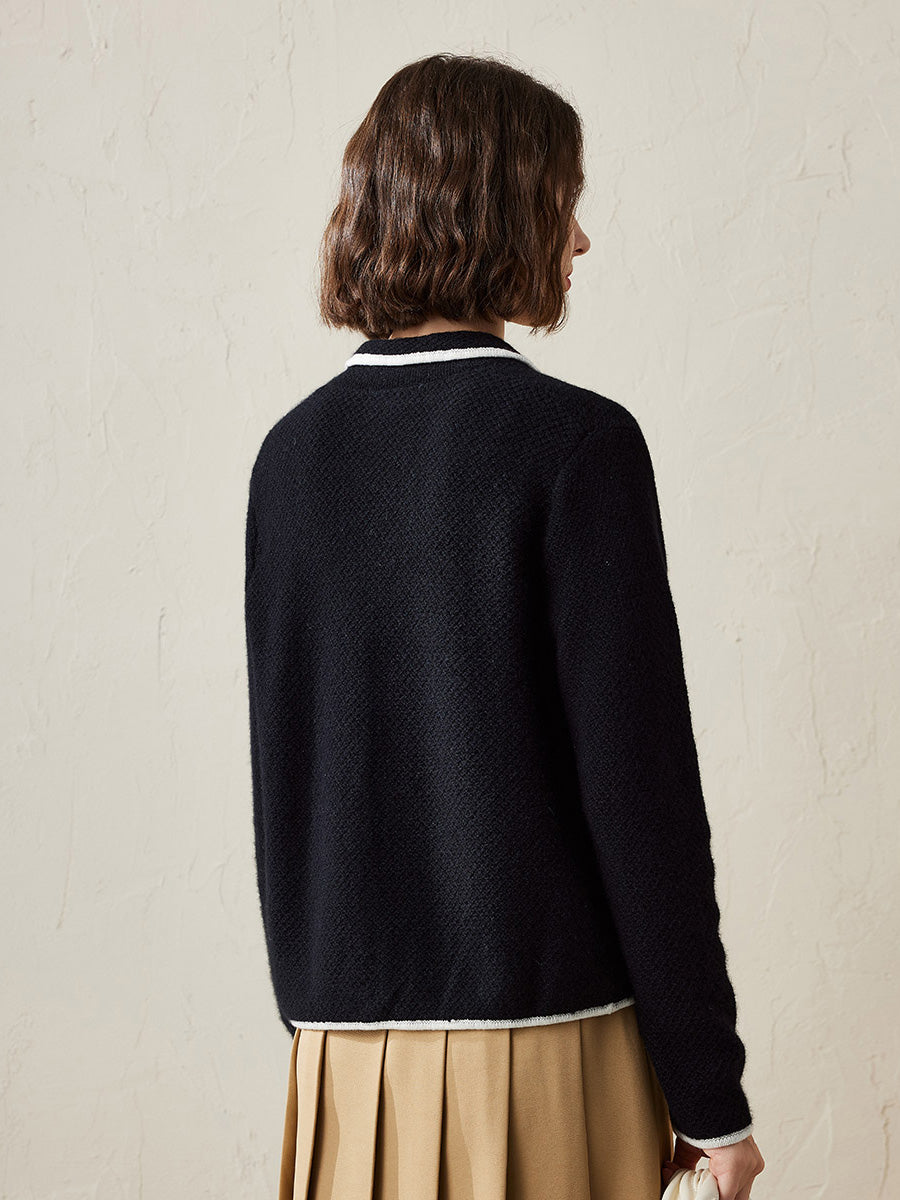 COMOBOCA 100% Cashmere Women's Contrast Trim Knit Cardigan