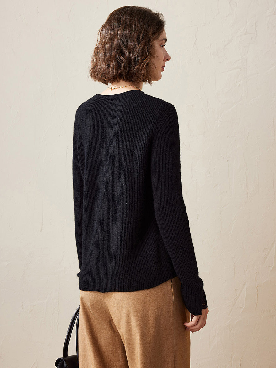 COMOBOCA 100% Cashmere Women's Faux Button Sweater with Lace Cuff