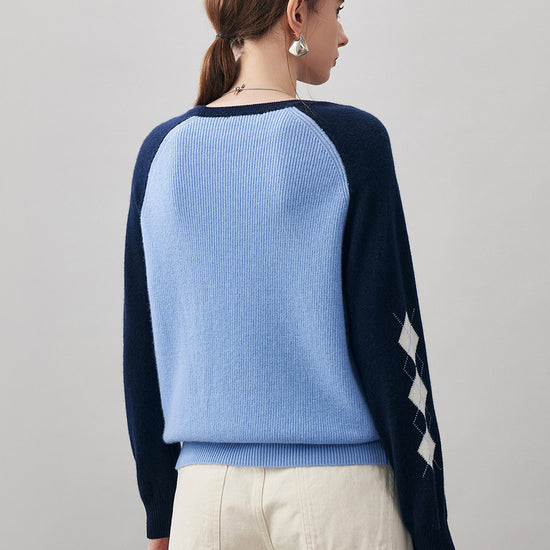 COMOBOCA 100% Cashmere Women's Color Block Round Neck Sweater