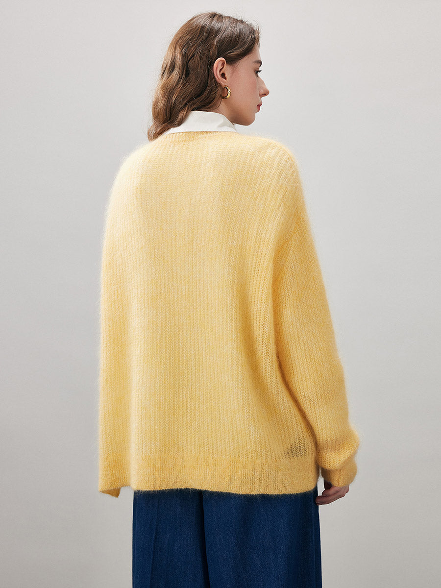 COMOBOCA Women's Mohair Sheer Knit Round Neck Sweater