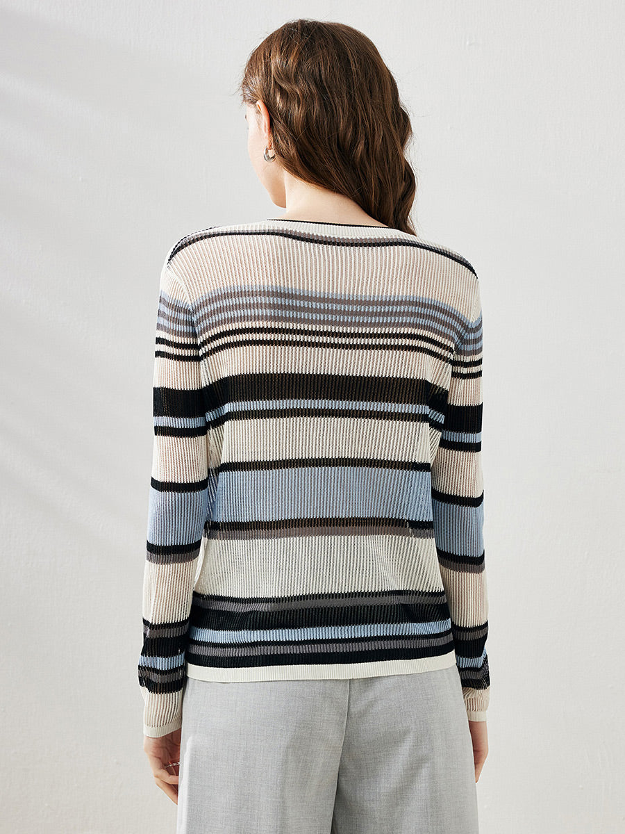 COMOBOCA Women's Striped Ribbed Round Neck Sweater