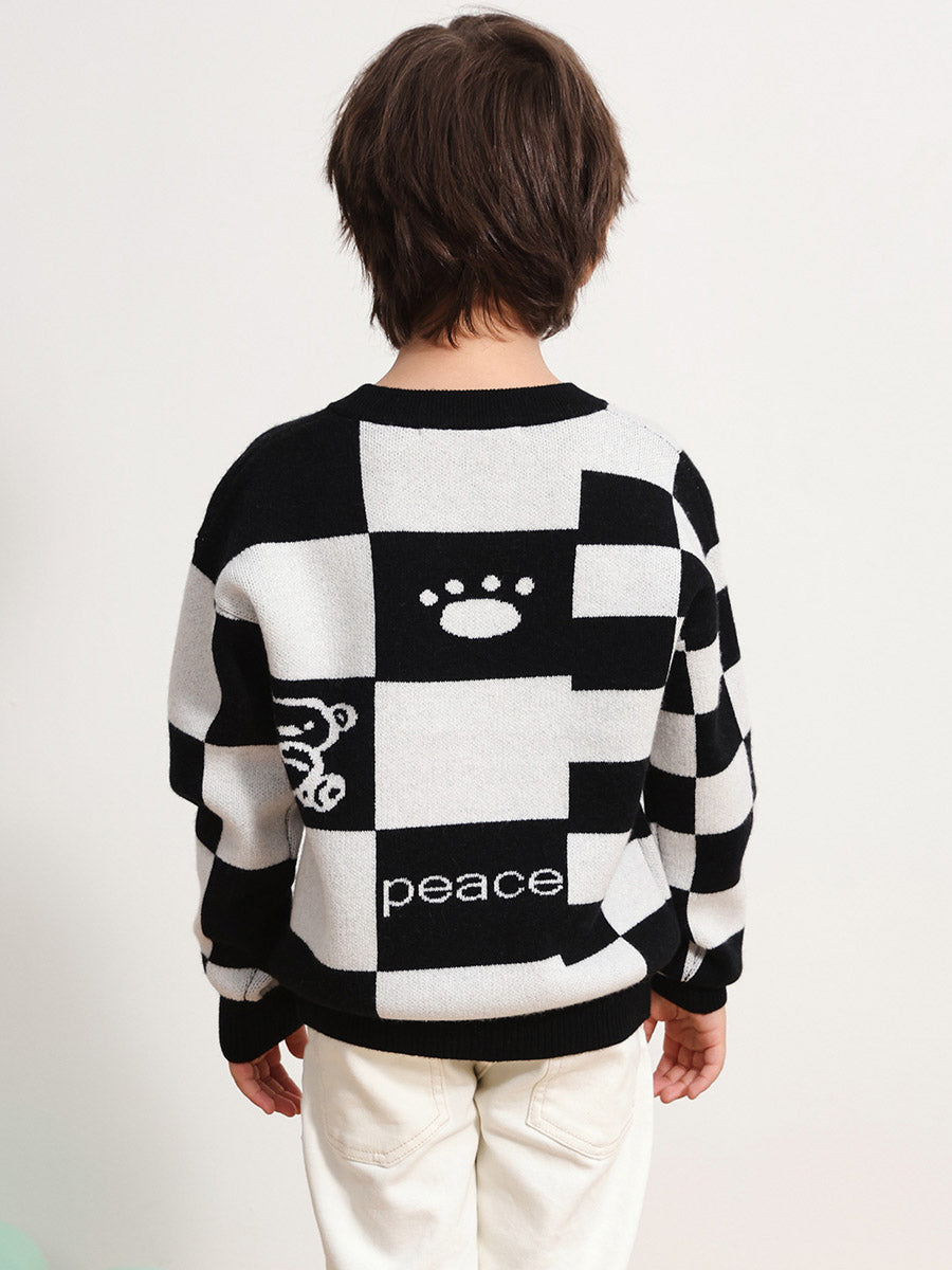 COMOBOCA 100% Wool Kids' Color Block Round Neck Sweater