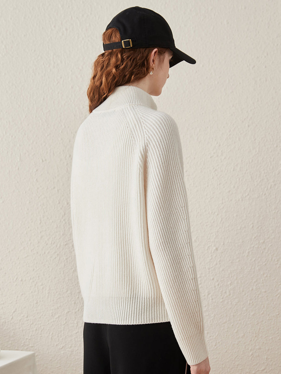 COMOBOCA 100% Wool Women's Half-High Neck Zip Cardigan