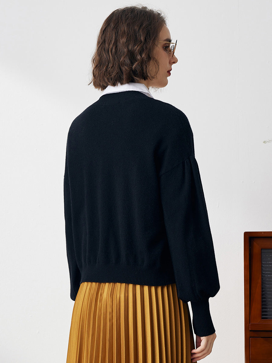 COMOBOCA 100% Cashmere Women's Puff Sleeve Knit Cardigan
