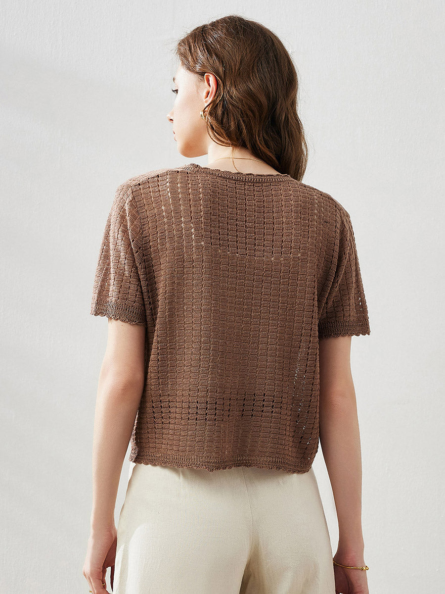 COMOBOCA Women's Linen Crochet Tie Short Sleeve Cardigan