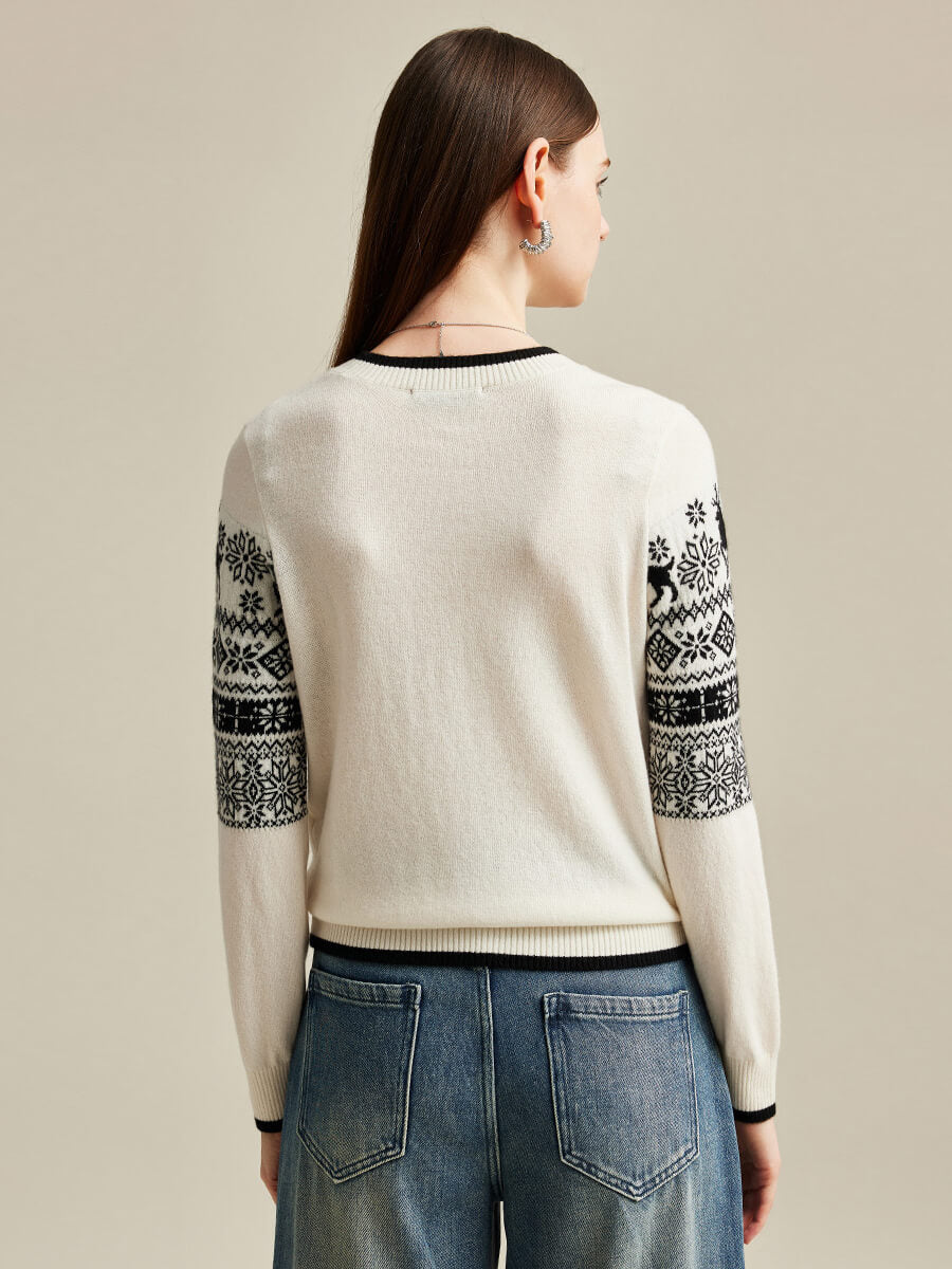 COMOBOCA 100% Cashmere Women's Nordic Reindeer Knit Sweater