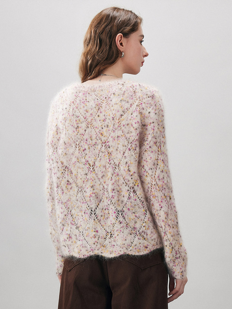 COMOBOCA Women's Speckled Lace Knit Round Neck Sweater