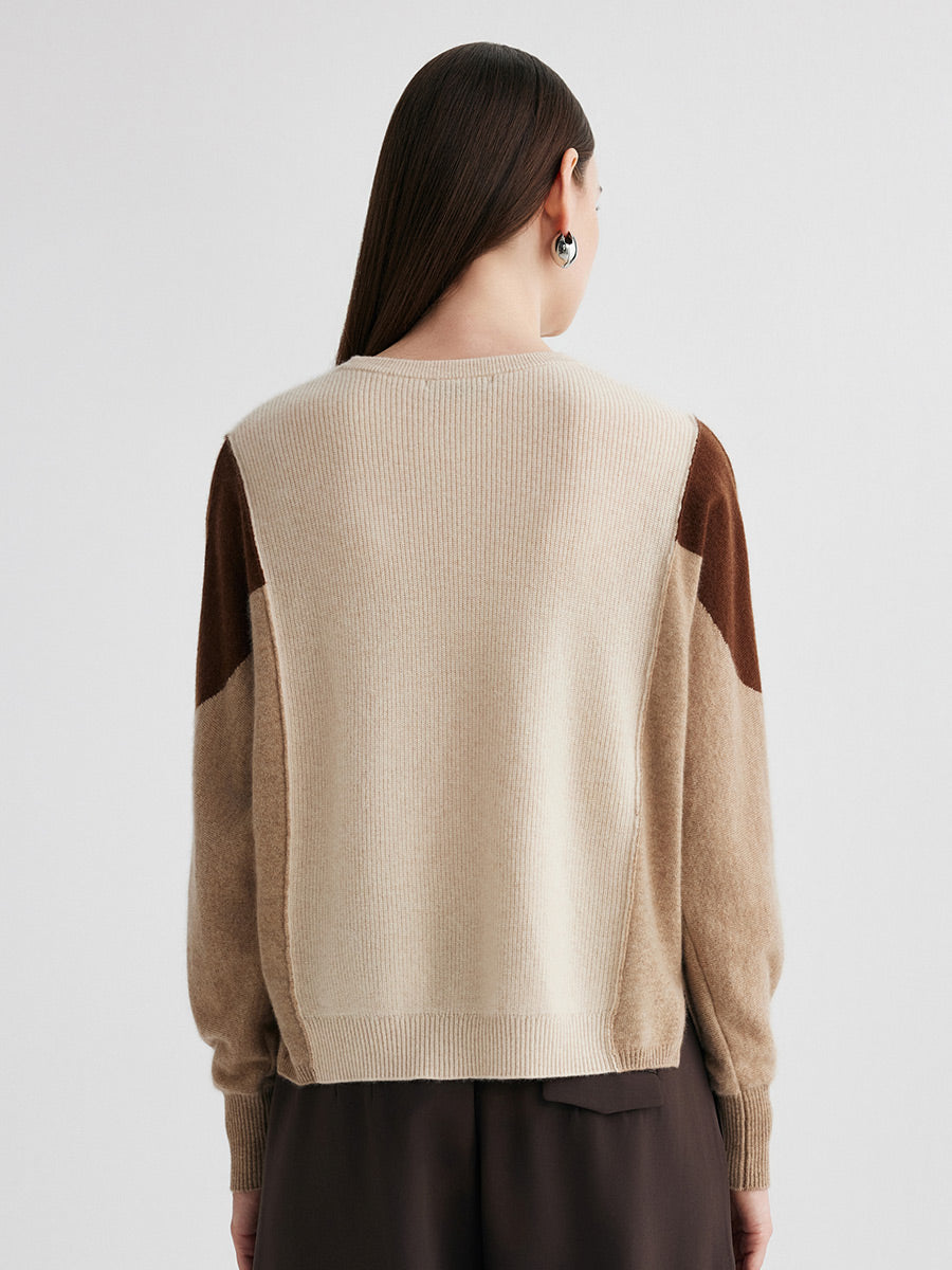 COMOBOCA 100% Cashmere Women's Color Block Round Neck Knit Sweater