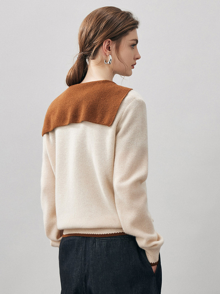 COMOBOCA 100% Cashmere Women's Contrast Collar Double Zip Cardigan
