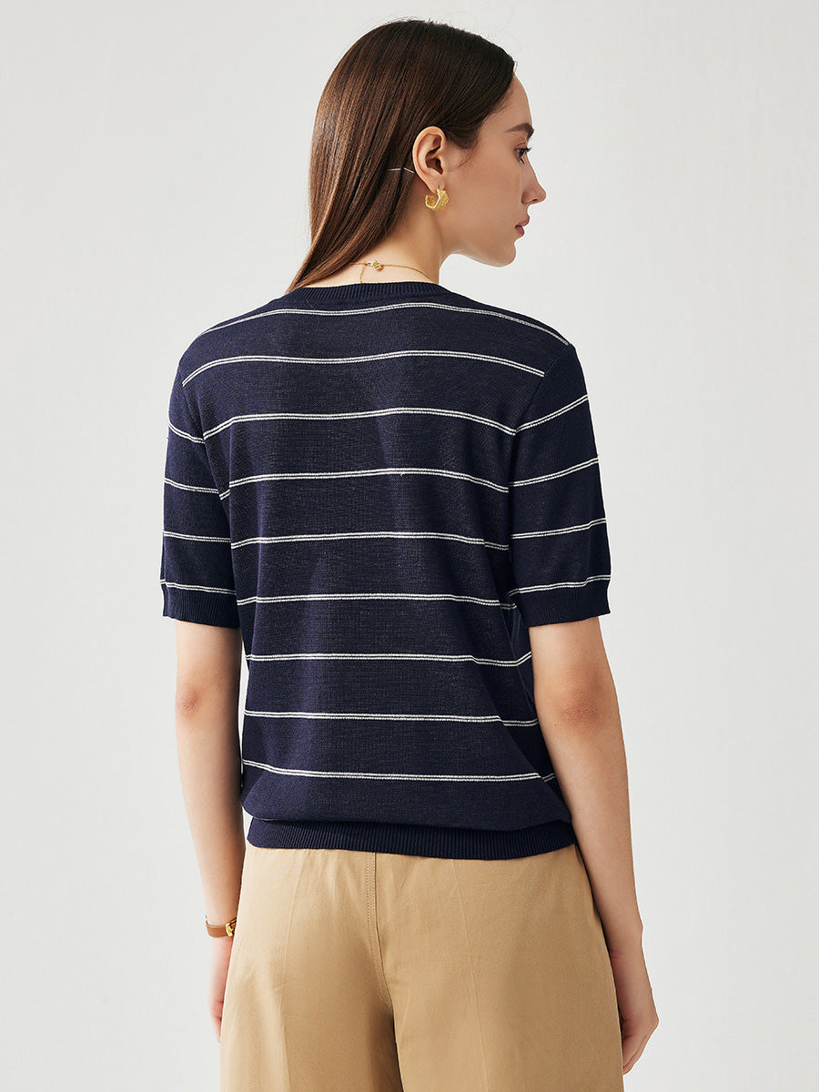 COMOBOCA Women's Striped Floral Knit T-Shirt