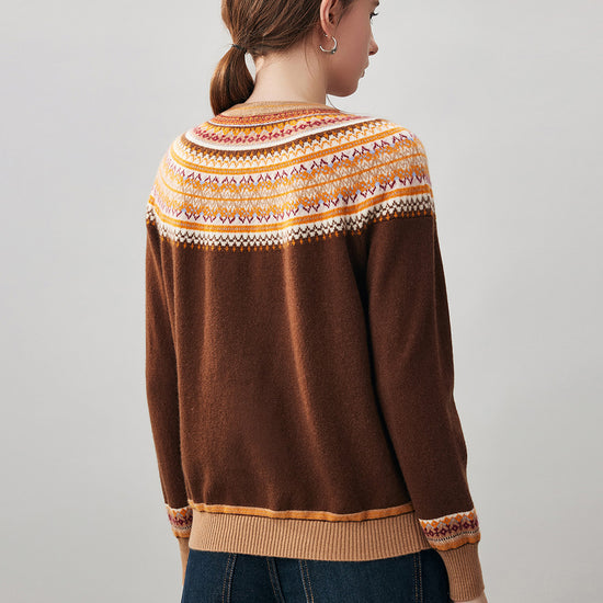 COMOBOCA 100% Cashmere Women's Fair Isle Round Neck Sweater