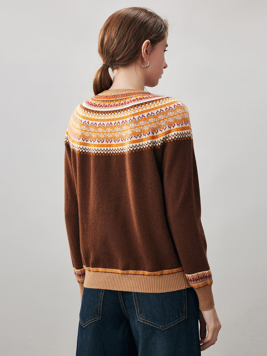 COMOBOCA 100% Cashmere Women's Fair Isle Round Neck Sweater