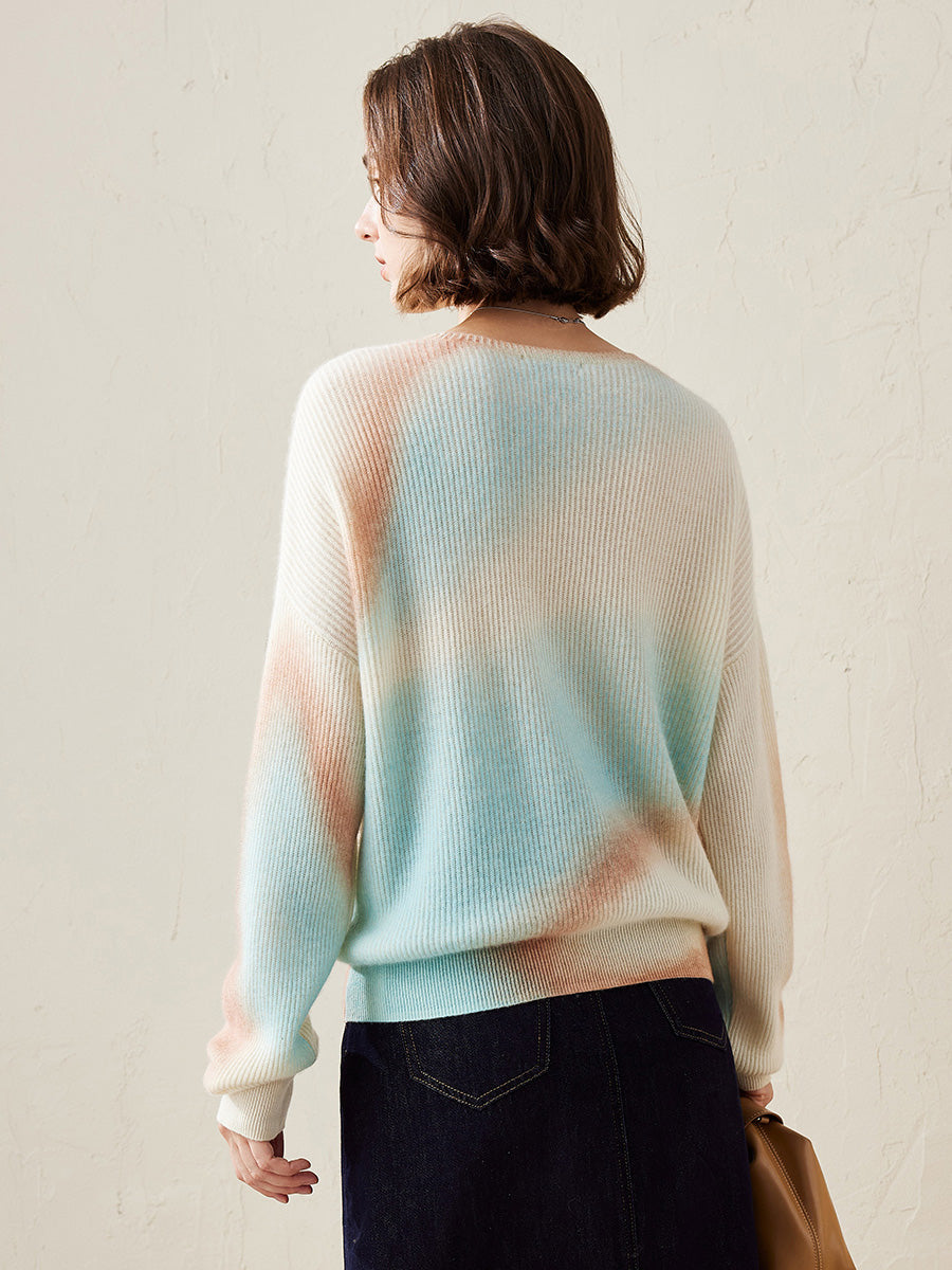 COMOBOCA 100% Cashmere Women's Gradient Color Knit Sweater