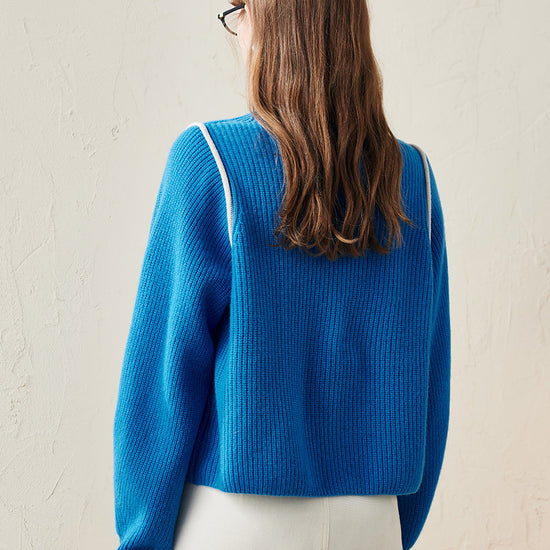 COMOBOCA 100% Wool Women's Color Block Ribbed Knit Sweater