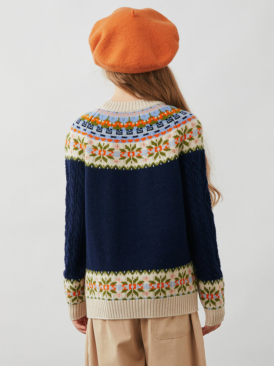 COMOBOCA 100% Wool Kids' Cable Fair Isle Round Neck Sweater