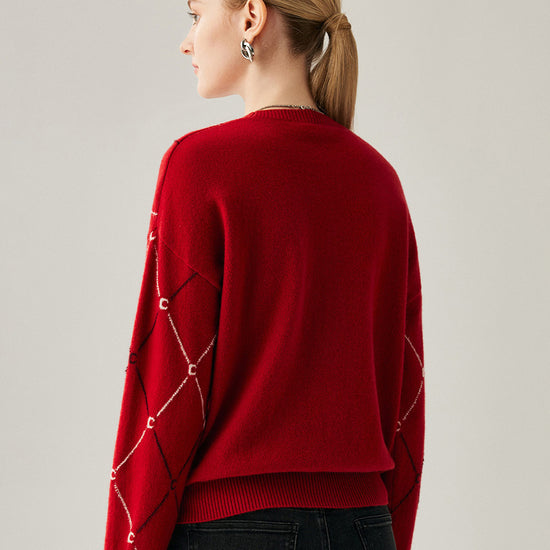 COMOBOCA 100% Cashmere Women's Diamond Patterned Round Neck Sweater