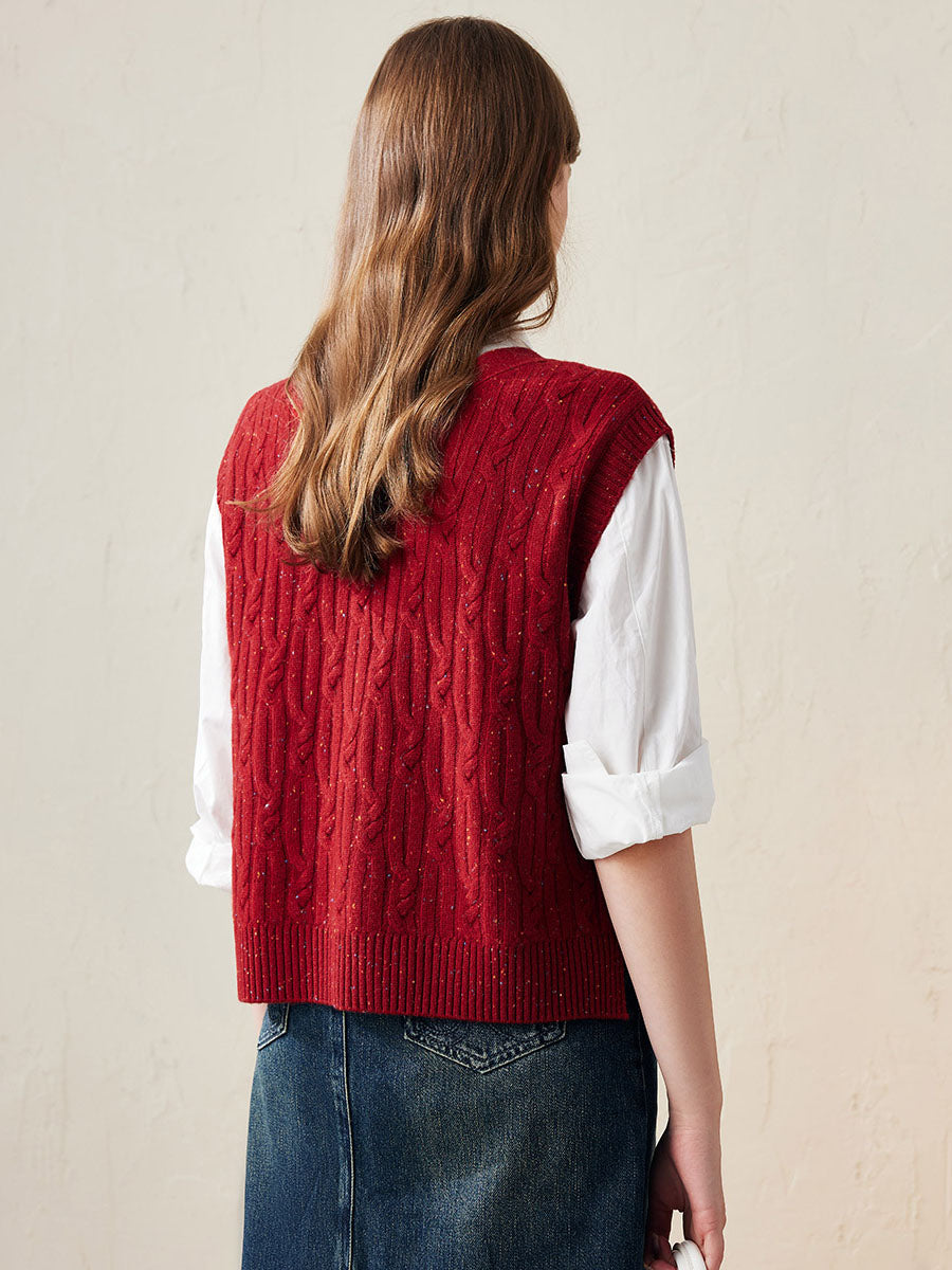 COMOBOCA 100% Wool Women's Cable Knit Button-Front Vest
