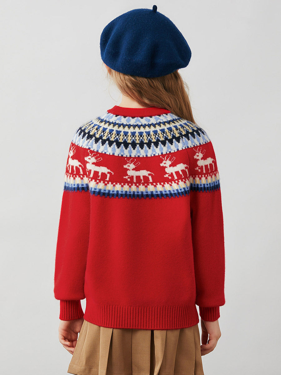 COMOBOCA 100% Wool Kids' Fair Isle Reindeer Round Neck Sweater