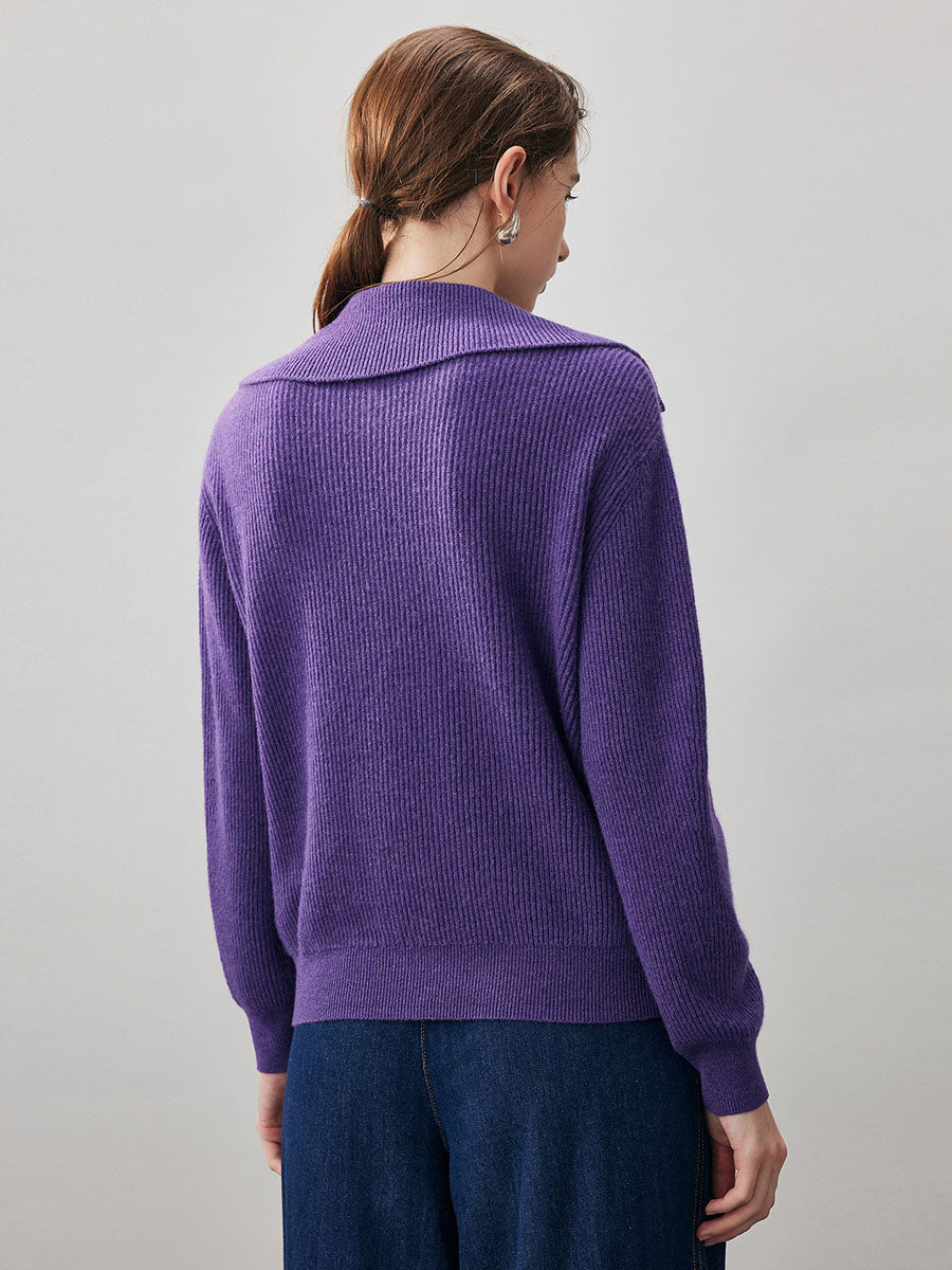 COMOBOCA 100% Cashmere Women's Ribbed Sailor Collar Knit Sweater