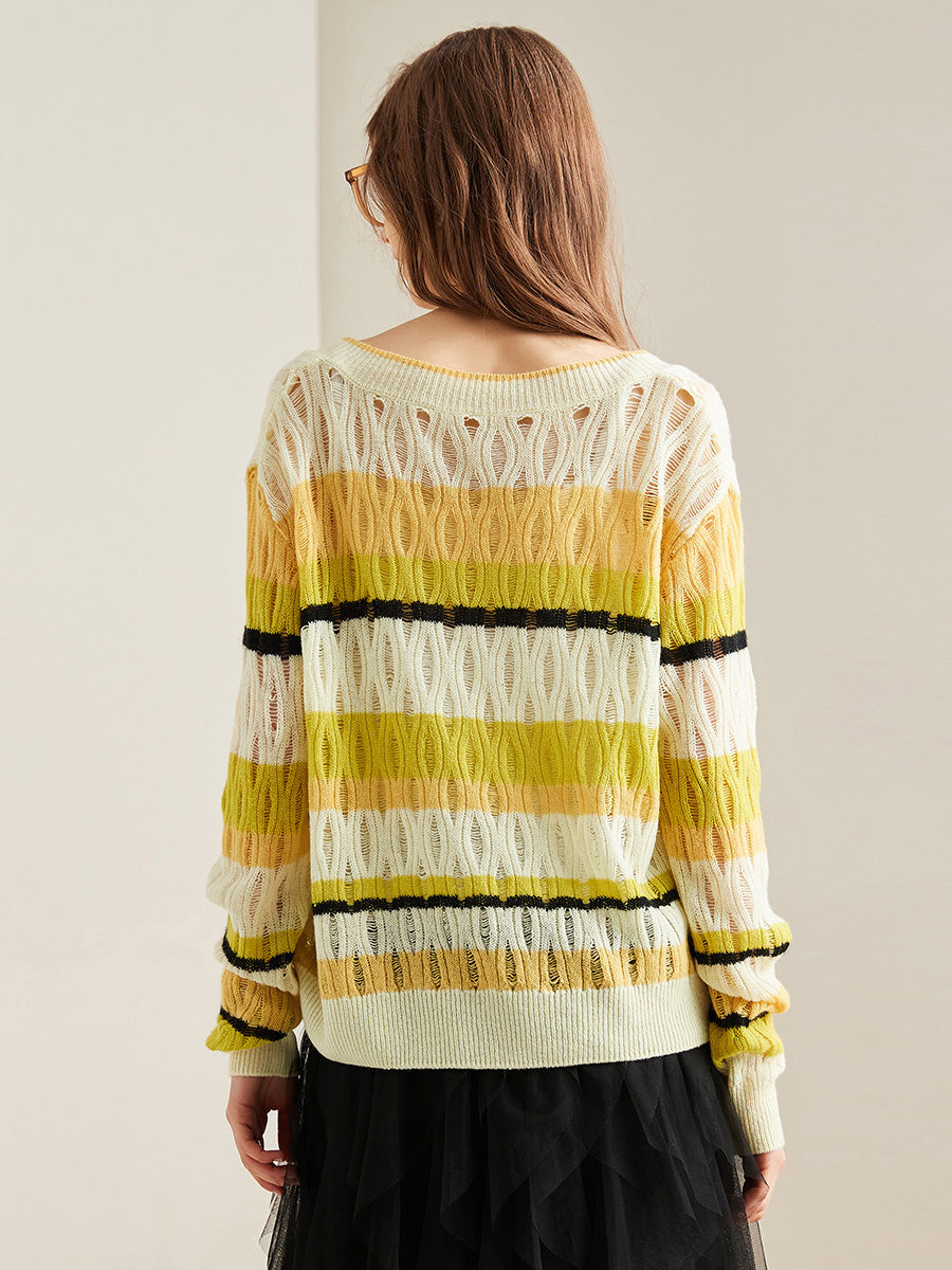 COMOBOCA 100% Cashmere Women's Striped V-Neck Knit Sweater