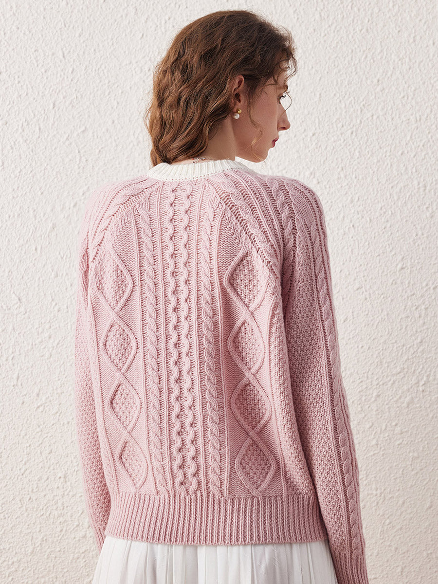 COMOBOCA 100% Wool Women's Contrast Color Cable Knit Sweater