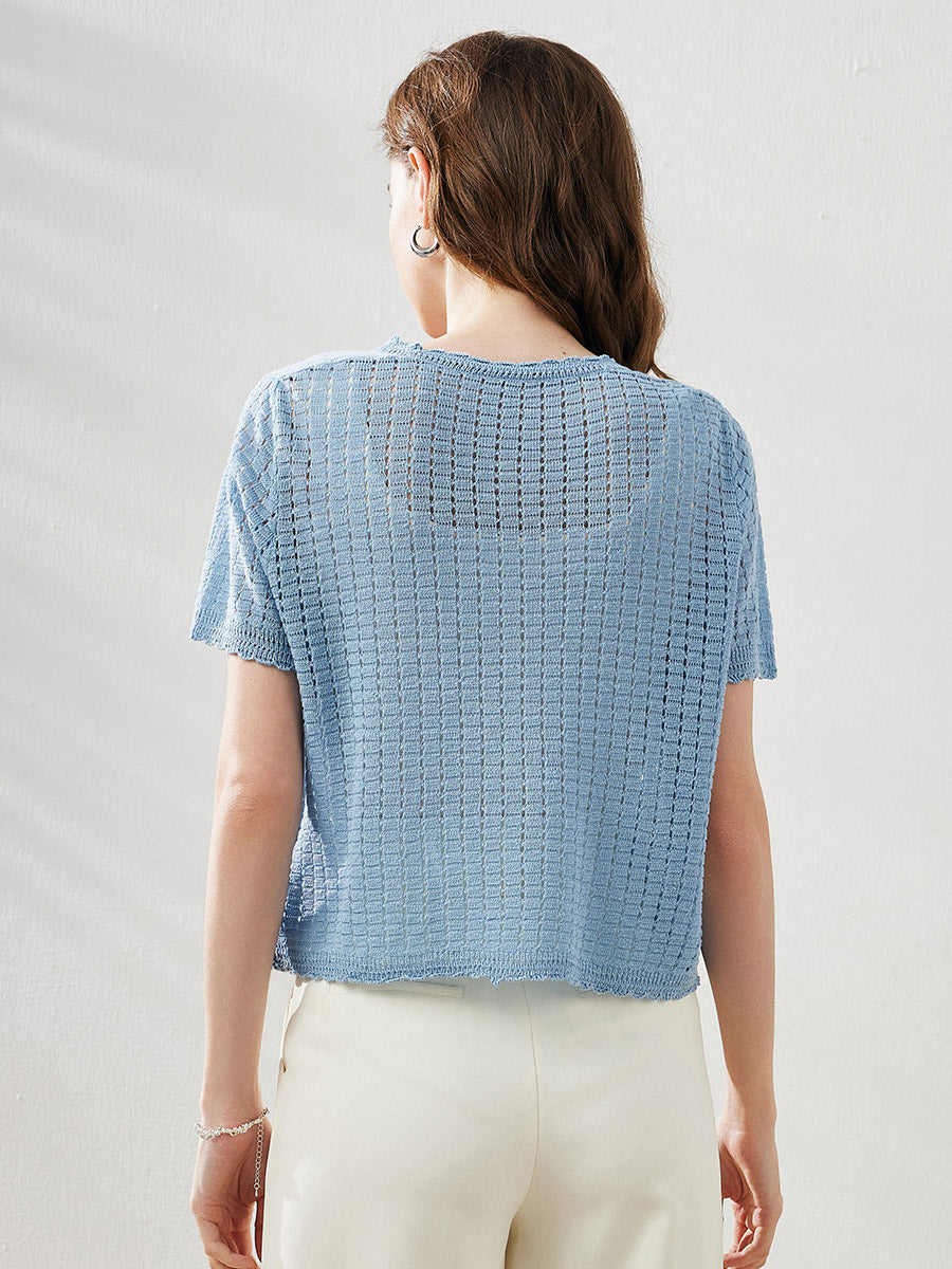 COMOBOCA Women's Linen Crochet Tie Short Sleeve Cardigan