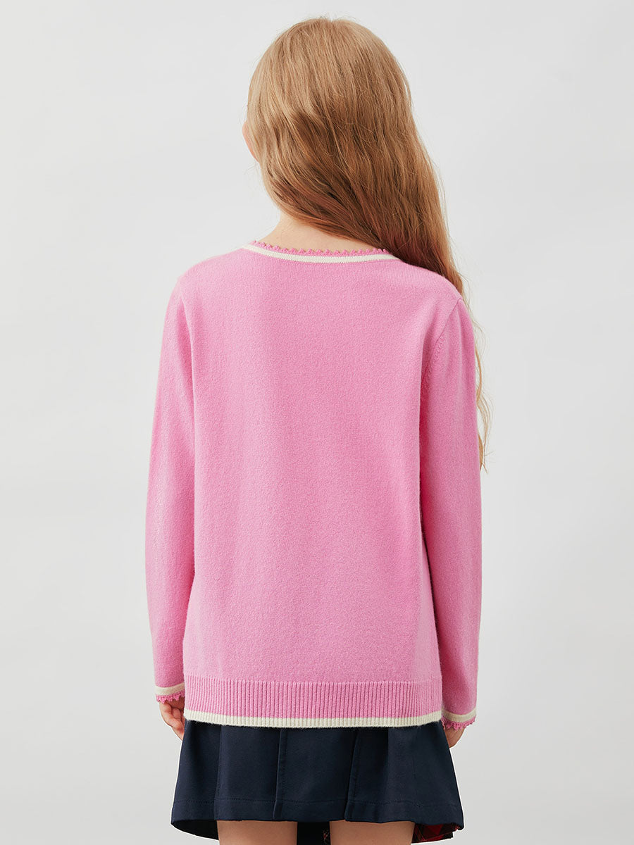COMOBOCA 100% Wool Kids' Tie-Neck Contrast Trim Sweater