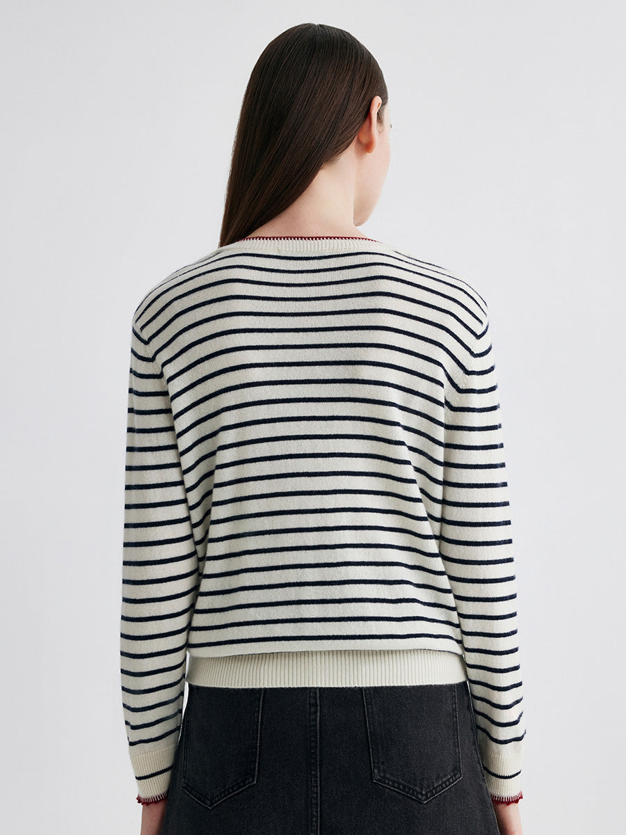COMOBOCA 100% Cashmere Women's Striped Round Neck Sweater