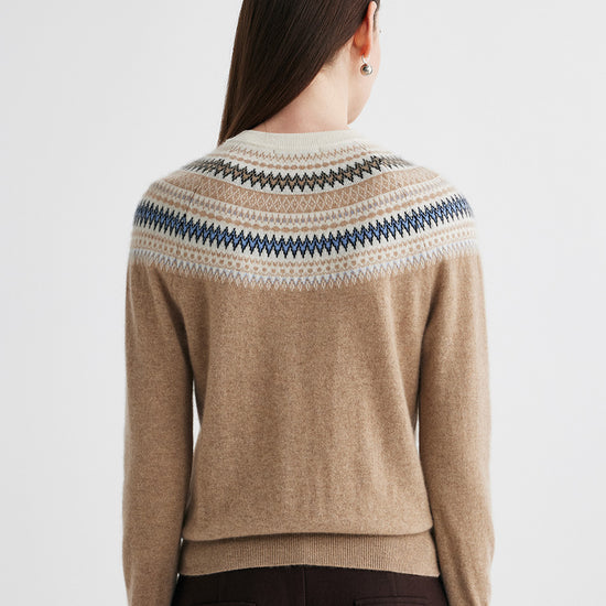 COMOBOCA 100% Cashmere Women's Fair Isle Henley Neck Sweater