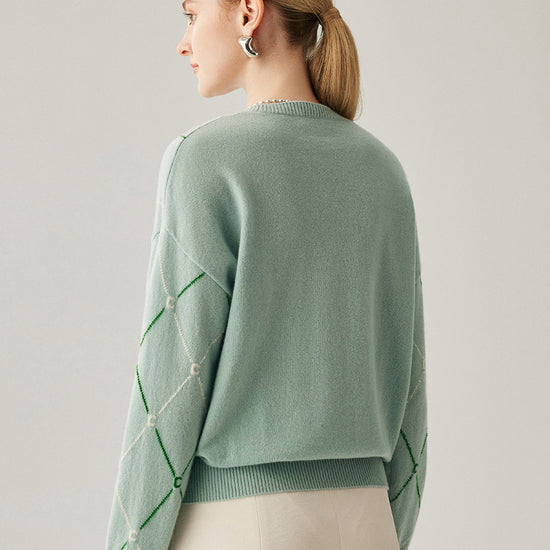 COMOBOCA 100% Cashmere Women's Diamond Patterned Round Neck Sweater